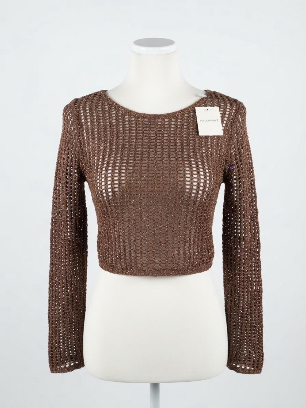 No Comment Brown Open-Weave Cropped Crew Sweater